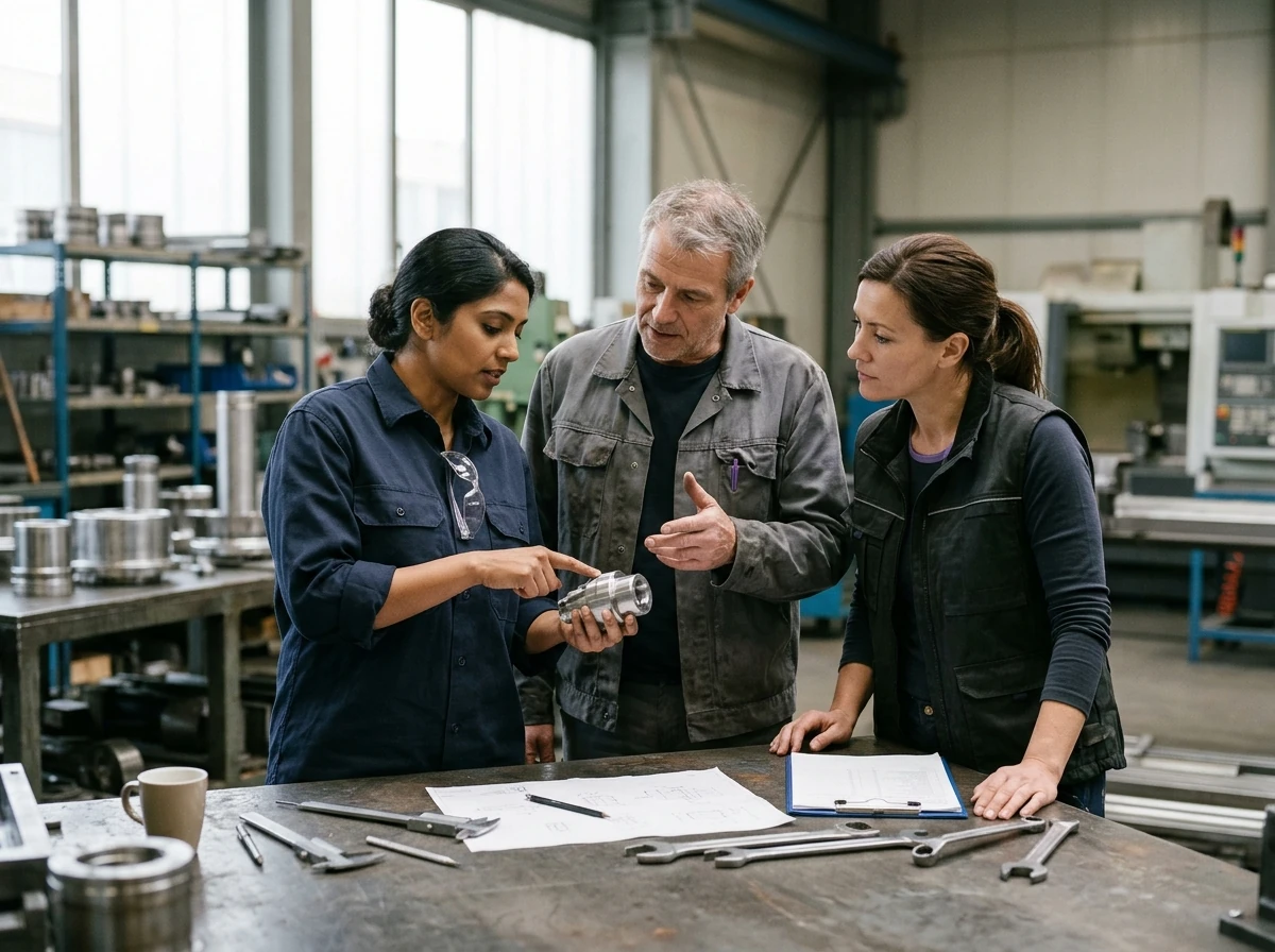 Drei Personen besprechen ein bearbeitetes Metallbauteil an einer Werkbank mit technischen Unterlagen und Messmitteln.